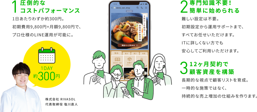 1. 圧倒的なコストパフォーマンス：1日あたりわずか約300円。初期費用9,800円+月額9,800円で、プロ仕様のLINE運用が可能に。2. 専門知識不要！簡単に始められる：難しい設定は不要。初期設定から運用サポートまで、すべてお任せいただけます。3. 12ヶ月契約で顧客資産を構築：長期的な視点で顧客リストを育成。持続的な売上増加の仕組みを作ります。
